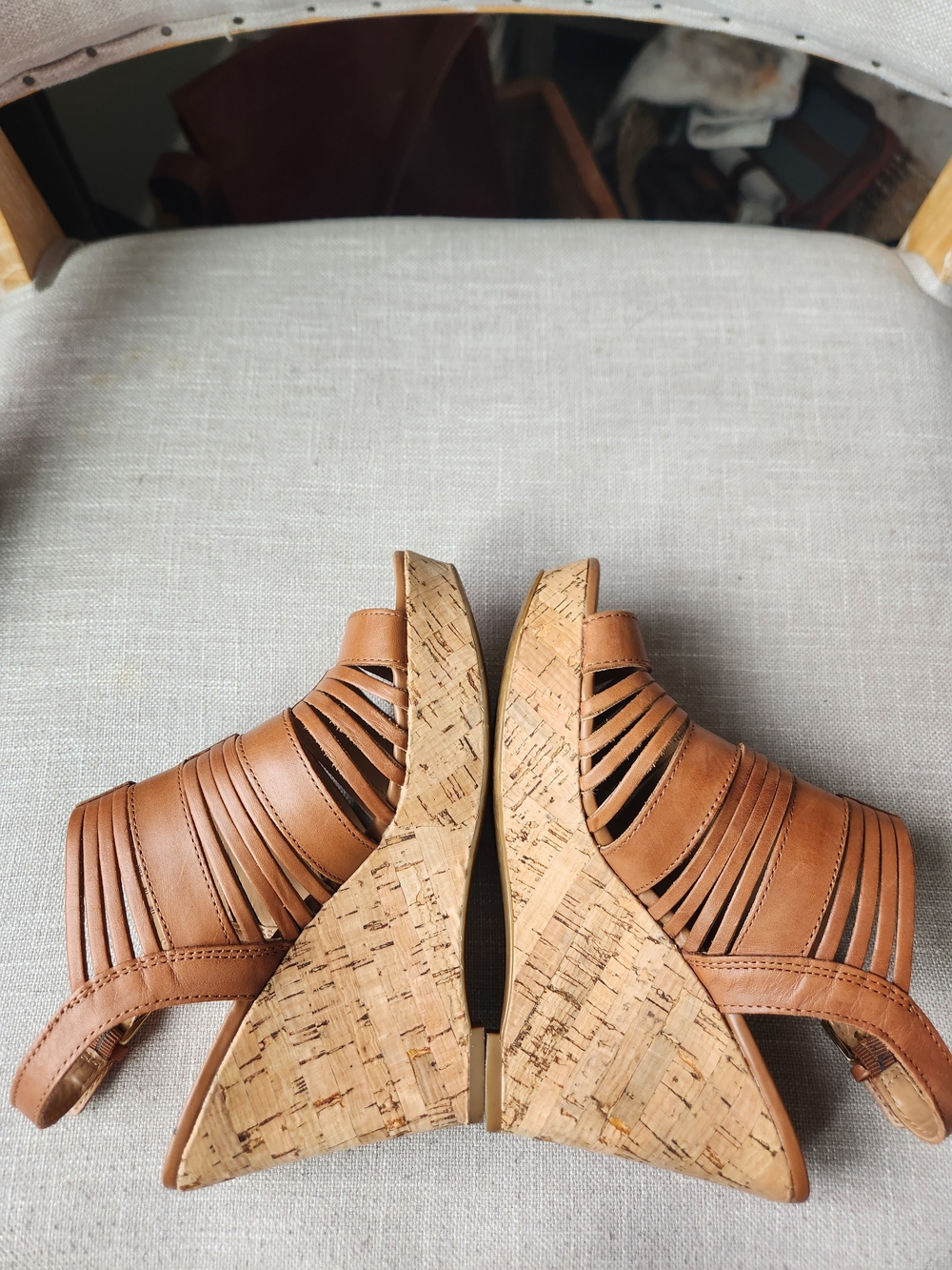 Franco Sarto Tan Leather Wedge Sandals 7.5 "Sharp" Strappy Exellent Cond Congnac - Picture 7 of 10